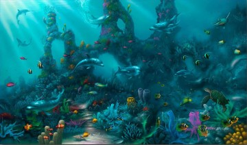 Fish Aquarium Painting - Dolphin Paradise under sea